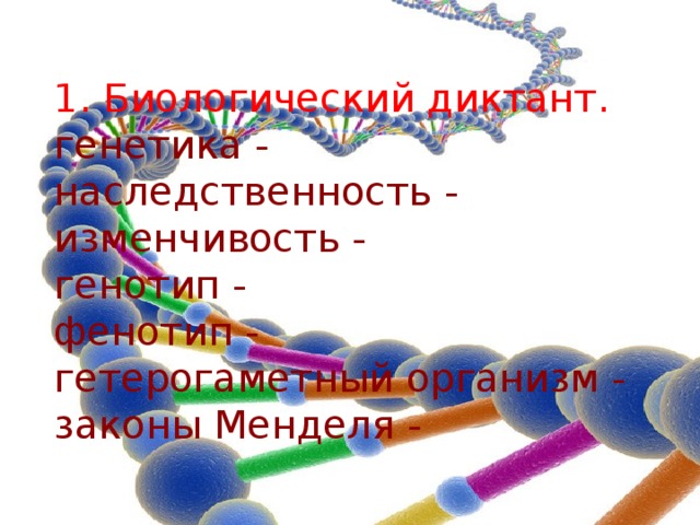 1. Биологический диктант. генетика - наследственность - изменчивость - генотип - фенотип - гетерогаметный организм - законы Менделя - 