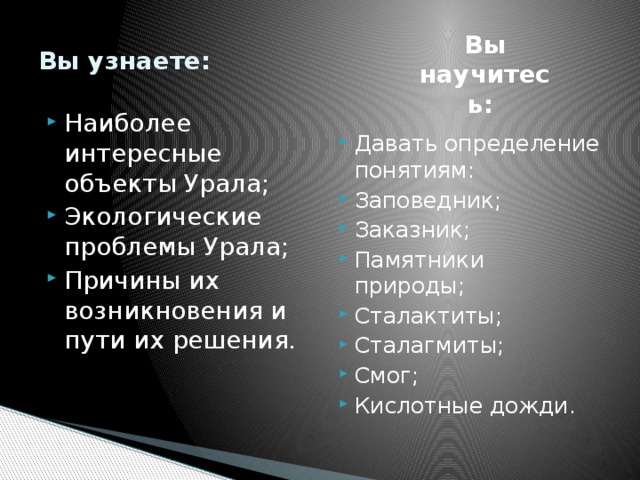 Вы узнаете: Вы научитесь: Наиболее интересные объекты Урала; Экологические проблемы Урала; Причины их возникновения и пути их решения. Давать определение понятиям: Заповедник; Заказник; Памятники природы; Сталактиты; Сталагмиты; Смог; Кислотные дожди. 