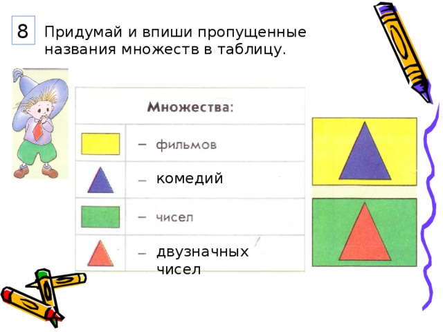 8 Придумай и впиши пропущенные названия множеств в таблицу. комедий двузначных чисел 