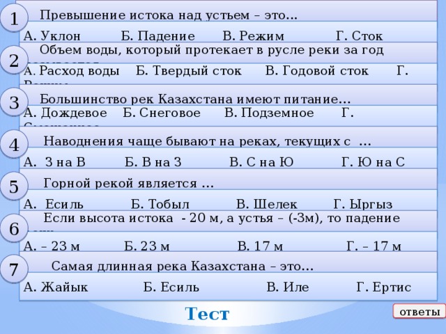  Превышение истока над устьем – это... 1 А. Уклон Б. Падение В. Режим Г. Сток  Объем воды, который протекает в русле реки за год называется… 2 А. Расход воды Б. Твердый сток В. Годовой сток Г. Режим  Большинство рек Казахстана имеют питание… 3 А. Дождевое Б. Снеговое В. Подземное Г. Смешанное  Наводнения чаще бывают на реках, текущих с … 4 А. З на В Б. В на З В. С на Ю Г. Ю на С  Горной рекой является … 5 А. Есиль Б. Тобыл В. Шелек Г. Ыргыз  Если высота истока - 20 м, а устья – (-3м), то падение реки 6 А. – 23 м Б. 23 м В. 17 м Г. – 17 м  Самая длинная река Казахстана – это… 7 А. Жайык Б. Есиль В. Иле Г. Ертис Тест ответы 