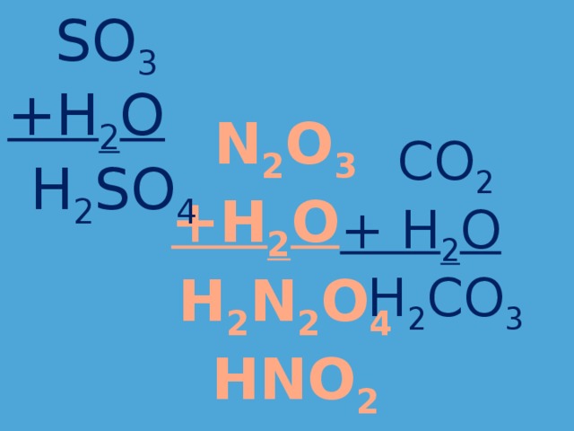  SO 3  CO 2 +H 2 O + H 2 O  H 2 SO 4  H 2 CO 3  N 2 O 3  +H 2 O  H 2 N 2 O 4  HNO 2 