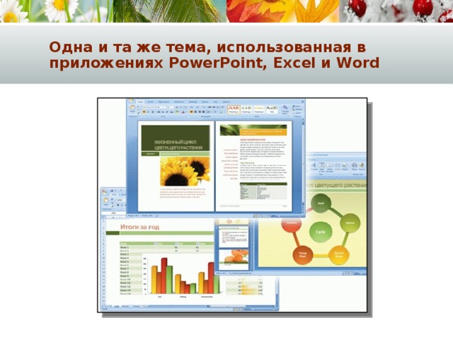 Одна и та же тема, использованная в приложениях PowerPoint, Excel и Word 