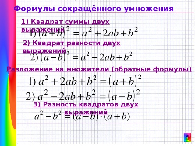 Формулы сокращённого умножения 1) Квадрат суммы двух выражений 2) Квадрат разности двух выражений Разложение на множители (обратные формулы) 3) Разность квадратов двух выражений 