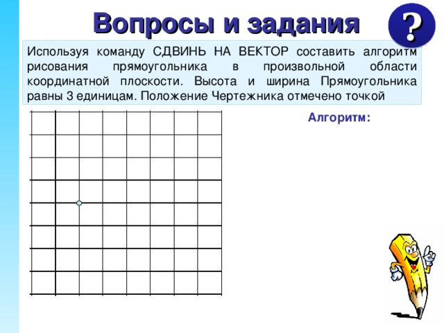 Сдвинь на вектор (3,2) В математике направленные отрезки называются векторами, отсюда и происходит название команды. На слайде размещена гиперссылка на картинке карандаша для возврата на слайд «СКИ исполнителя Чертежник» Используется Интерактивная доска – учитель показывает как работает команда СДВИНЬ НА ВЕКТОР Координаты, указанные в команде, отсчитываются не от начала координат, а относительно текущего положения пера Чертежника. В результате получаются отрезки длина и направление которых одинаковы.  