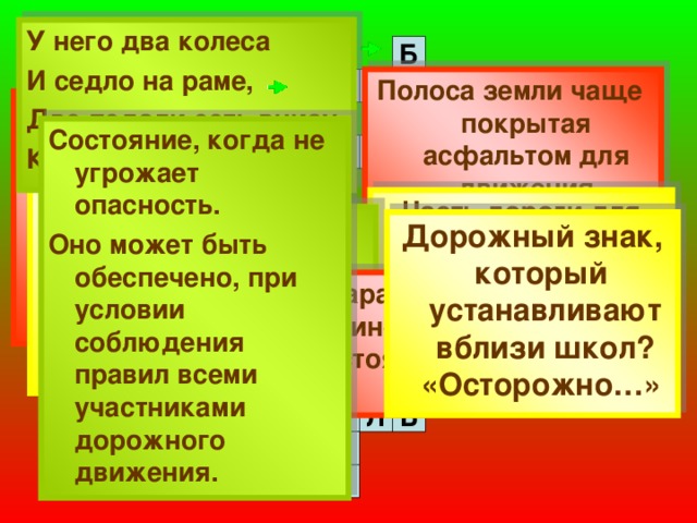 У него два колеса И седло на раме, Две педали есть внизу Крутят их ногами. Б Е Полоса земли чаще покрытая асфальтом для движения транспортных средств Ш Е Д О Х П Человек, находящийся вне транспортного средства, участник движения З Состояние, когда не угрожает опасность. Оно может быть обеспечено, при условии соблюдения правил всеми участниками дорожного движения. Т Е О Ф С В Р О П Техническое средство, регулирующее дорожное движение на перекрёстке Часть дороги для передвижения пешеходов  А  Человек, управляющий каким-либо транспортным средством Дорожный знак, который устанавливают вблизи школ? «Осторожно…»  Е Д О В П Е С Л И Т Е Н Аппарат для передачи информации на расстоянии. (мобильный …) О Г А Д Л О Р Е С Т Р А У Т О Р Д Ф Л Е Д Ь О И Т В Т Н И 