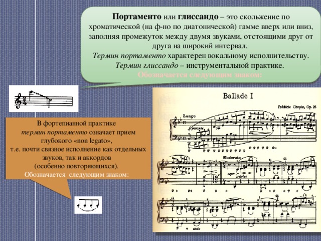 Портаменто или глиссандо – это скольжение по хроматической (на ф-но по диатонической) гамме вверх или вниз, заполняя промежуток между двумя звуками, отстоящими друг от друга на широкий интервал. Термин портаменто характерен вокальному исполнительству. Термин глиссандо – инструментальной практике. Обозначается следующим знаком: В фортепианной практике термин портаменто означает прием глубокого «non legato», т.е. почти связное исполнение как отдельных звуков, так и аккордов (особенно повторяющихся). Обозначается следующим знаком: 