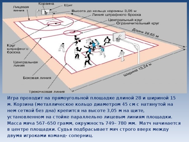 Игра проходит на прямоугольной площадке длиной 28 и шириной 15 м. Корзина (металлическое кольцо диаметром 45 см с натянутой на нем сеткой без дна) крепится на высоте 3,05 м на щите, установленном на стойке параллельно лицевым линиям площадки. Масса мяча 567–650 грамм, окружность 749– 780 мм.  Матч начинается в центре площадки. Судья подбрасывает мяч строго вверх между двумя игроками команд- соперниц. 