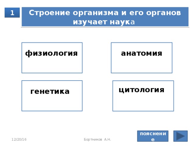 Наука, изу­ча­ю­щая роль ми­то­хон­дрий в ме­та­бо­лиз­ме 1 молекулярная биология органическая химия селекция генетика пояснение 12/20/16 Бортников А.Н. 