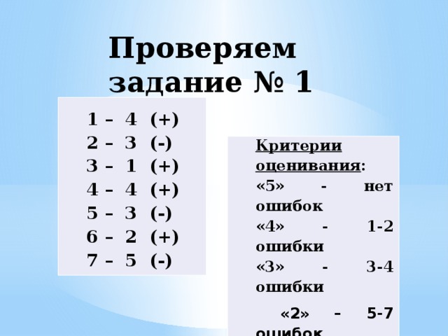 Проверяем задание № 1 1 – 4 (+) 2 – 3 (-) 3 – 1 (+) 4 – 4 (+) 5 – 3 (-) 6 – 2 (+) 7 – 5 (-) Критерии оценивания : «5» - нет ошибок «4» - 1-2 ошибки «3» - 3-4 ошибки  «2» – 5-7 ошибок 