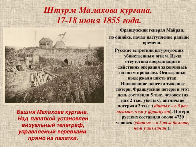 Штурм Малахова кургана.  17-18 июня 1855 года.   Французский генерал Майран, по ошибке, начал наступление раньше времени. Русские встретили штурмующих убийственным огнем. Из-за отсутствия координации в действиях операция закончилась полным провалом. Осажденные выдержали шесть атак. Нападавшие понесли тяжелые потери. Французские потери в этот день составили 5 тыс. человек (из них 2 тыс. убитых), англичане потеряли 2 тыс. ( убитых – в 5 раз меньше, чем у французов ). Потери русских составили около 4720 человек ( убитых – в 2 раза больше, чем у англичан ).    Башня Малахова кургана. Над палаткой установлен визуальный телеграф, управляемый веревками прямо из палатки. 