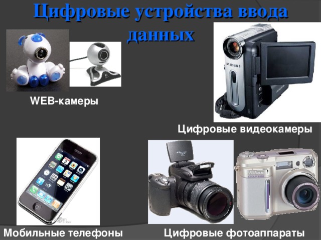 Цифровые устройства ввода данных WEB -камеры Цифровые видеокамеры Мобильные телефоны Цифровые фотоаппараты 