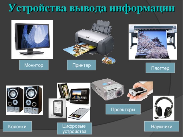 Устройства вывода информации Монитор Принтер Плоттер Проекторы Колонки Наушники Цифровые  устройства 