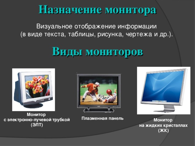 Назначение монитора Визуальное отображение информации (в виде текста, таблицы, рисунка, чертежа и др.). Виды мониторов Монитор с электронно-лучевой трубкой (ЭЛТ) Плазменная панель Монитор на жидких кристаллах (ЖК) 