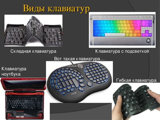 Виды клавиатур Клавиатура с подсветкой Складная клавиатура Вот такая клавиатура… Клавиатура ноутбука Гибкая клавиатура 