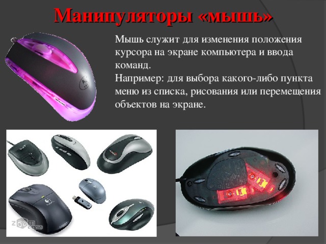 Манипуляторы «мышь» Мышь служит для изменения положения курсора на экране компьютера и ввода команд. Например: для выбора какого-либо пункта меню из списка, рисования или перемещения объектов на экране. 