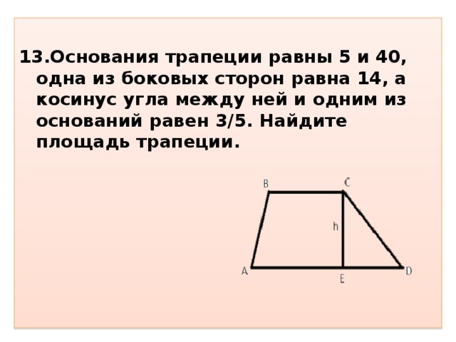 Найдите косинус острого угла трапеции изображенной на рисунке