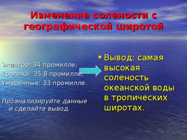 Изменение солености с географической широтой Вывод: самая высокая соленость океанской воды в тропических широтах. Экватор: 34 промилле; Тропики: 35,8 промилле; Умеренные: 33 промилле. Проанализируйте данные и сделайте вывод. 