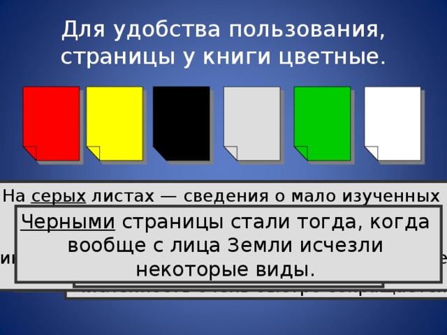 Для удобства пользования, страницы у книги цветные. На белых листах помещены сведения о редких видах растений и животных. Эти виды не находятся под угрозой вымирания, встречаются очень редко , на ограниченных территориях, поэтому могут скоро исчезнуть . На серых листах — сведения о мало изученных и редких видах. Возможно, они находятся под угрозой, но так как нет достаточной информации, то нельзя оценить, к какой группе они относятся. На красных листах помещены сведения о видах, находящихся под угрозой исчезновения и которые уже невозможно  спасти без введения специальных мер  охраны. Черными страницы стали тогда, когда вообще с лица Земли исчезли некоторые виды. На желтых листах— уязвимые виды.  Эти виды встречаются в количествах достаточных для выживания, но их  численность очень быстро сокращается . На зеленых листах — сведения о восстановленных видах  и находящихся вне опасности .  