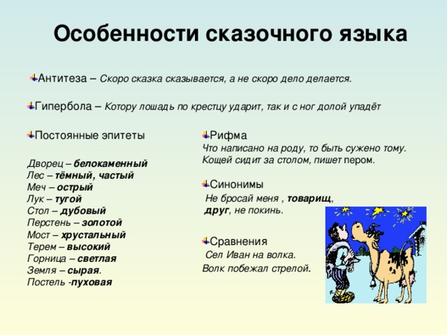 Особенности сказочного языка Антитеза – Скоро сказка сказывается, а не скоро дело делается. Гипербола – Котору лошадь по крестцу ударит, так и с ног долой упадёт Постоянные эпитеты Рифма Что написано на роду, то быть сужено тому. Кощей сидит за столом, пишет пером. Дворец – белокаменный Лес – тёмный, частый Меч – острый Лук – тугой Стол – дубовый Перстень – золотой Мост – хрустальный Терем – высокий Горница – светлая Земля – сырая . Постель - пуховая  Синонимы   Не бросай меня , товарищ ,  друг , не покинь. Сравнения   Сел Иван на волка. Волк побежал стрелой . 