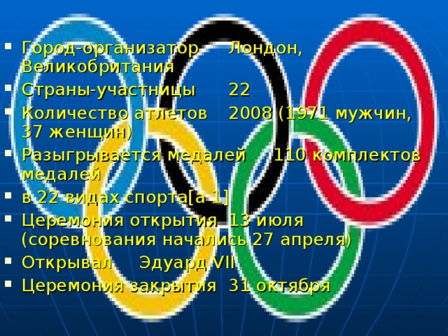 Город-организатор  Лондон, Великобритания Страны-участницы  22 Количество атлетов  2008 (1971 мужчин, 37 женщин) Разыгрывается медалей  110 комплектов медалей в 22 видах спорта[a 1] Церемония открытия  13 июля (соревнования начались 27 апреля) Открывал  Эдуард VII Церемония закрытия  31 октября 