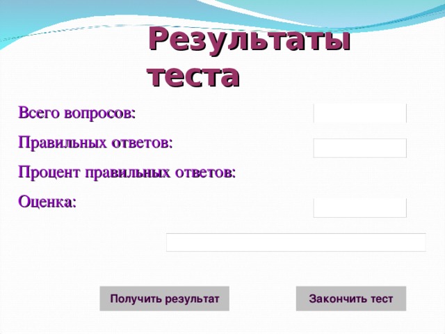 Результаты теста Всего вопросов: Правильных ответов: Процент правильных ответов: Оценка: 