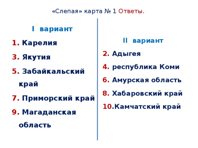 «Слепая» карта № 1 Ответы. I вариант II вариант 1. Карелия 2. Адыгея 3. Якутия 4. республика Коми 5. Забайкальский край 6. Амурская область 7. Приморский край 8. Хабаровский край 9. Магаданская область 10 .Камчатский край 