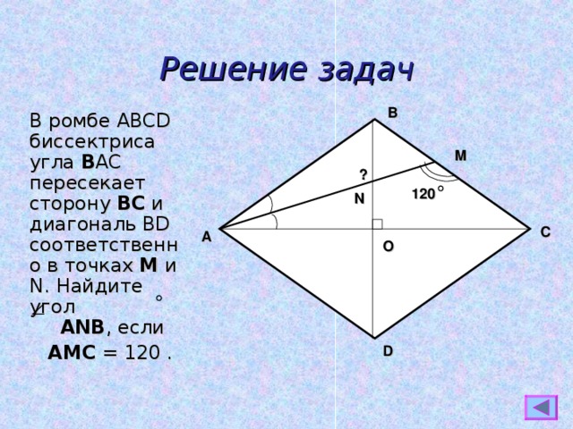 Решение задач B В ромбе ABCD биссектриса угла В AC пересекает сторону ВС и диагональ BD соответственно в точках М и N . Найдите угол А N В , если  АМС = 120 .  М ? 120 N C A О D  