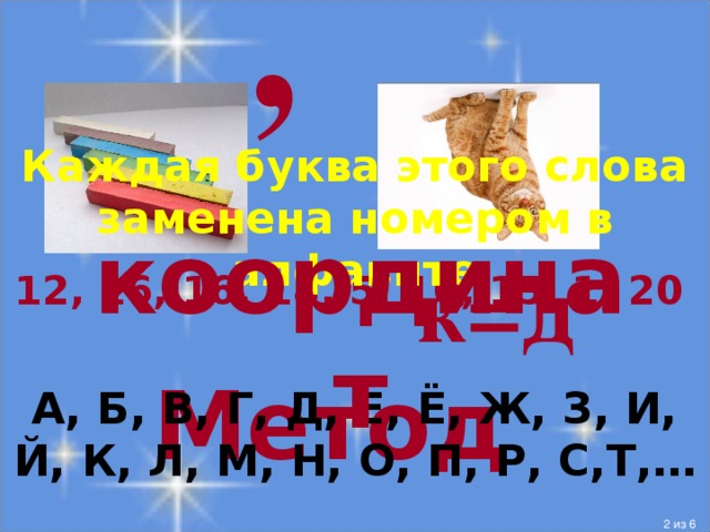 ,   к=д Каждая буква этого слова заменена номером в алфавите 12, 16, 16, 18, 5, 10, 15, 1, 20 координат А чтобы узнать тему урока разгадаем 2 ребуса. Какой способ кодирования использован для первого слова, а какой для второго слова? (графический, символьный) Метод А, Б, В, Г, Д, Е, Ё, Ж, З, И, Й, К, Л, М, Н, О, П, Р, С,Т,…  из 6  