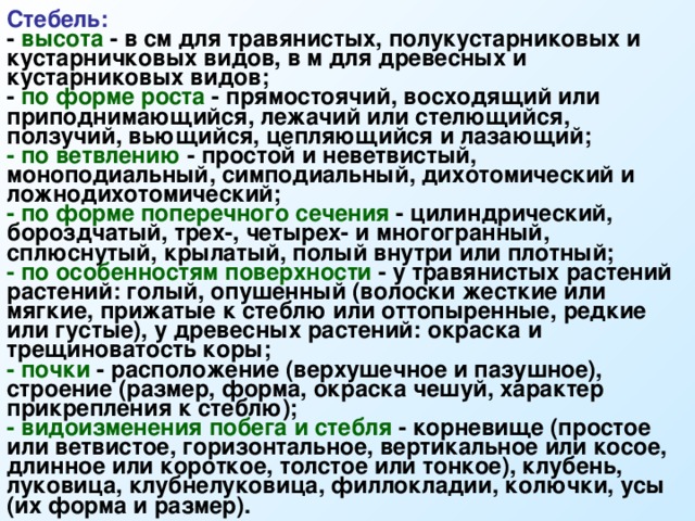 Стебель: - высота - в см для травянистых, полукустарниковых и кустарничковых видов, в м для древесных и кустарниковых видов; - по форме роста - прямостоячий, восходящий или приподнимающийся, лежачий или стелющийся, ползучий, вьющийся, цепляющийся и лазающий; - по ветвлению - простой и неветвистый, моноподиальный, симподиальный, дихотомический и ложнодихотомический; - по форме поперечного сечения - цилиндрический, бороздчатый, трех-, четырех- и многогранный, сплюснутый, крылатый, полый внутри или плотный; - по особенностям поверхности - у травянистых растений растений: голый, опушенный (волоски жесткие или мягкие, прижатые к стеблю или оттопыренные, редкие или густые), у древесных растений: окраска и трещиноватость коры; - почки - расположение (верхушечное и пазушное), строение (размер, форма, окраска чешуй, характер прикрепления к стеблю); - видоизменения побега и стебля - корневище (простое или ветвистое, горизонтальное, вертикальное или косое, длинное или короткое, толстое или тонкое), клубень, луковица, клубнелуковица, филлокладии, колючки, усы (их форма и размер). 