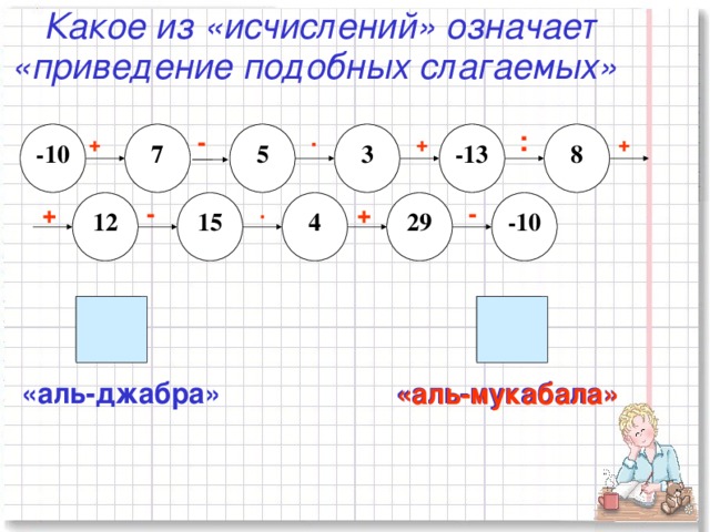 Какое из «исчислений» означает «приведение подобных слагаемых»  +  -   ·   +  : +  5 3 7 8 -10 -13 15 -10 12 29 4 + - · + - 7 13 «аль-джабра» «аль-мукабала» «аль-мукабала» 