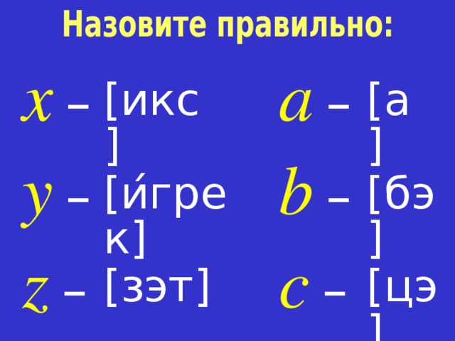 x  – a  – [ икс ] [ а ] y  – b  – [ и ́ грек ] [ бэ ] z  – c  – [ зэт ] [ цэ ] 