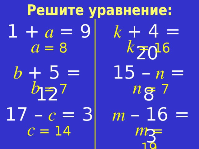 1  +  a  = 9 k  +  4 = 20 a  = 8 k  = 16 b  +  5 = 12 1 5  –  n  = 8 b  = 7 n  = 7 1 7 –  c  = 3 m  – 16 = 3 c  = 14 m  = 1 9 
