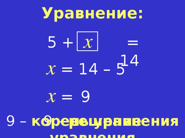 Уравнение: x = 14 5 + x =  14 – 5 x =   9 9 – корень  уравнения 9 – решение  уравнения  