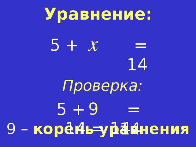 Уравнение: x = 14 5 + Проверка: 9 = 14 5 + 14 = 14 9 – корень  уравнения  