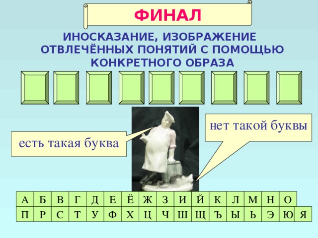 ФИНАЛ  ИНОСКАЗАНИЕ, ИЗОБРАЖЕНИЕ ОТВЛЕЧЁННЫХ ПОНЯТИЙ С ПОМОЩЬЮ  КОНКРЕТНОГО ОБРАЗА Л Л Е Г О Р И Я А нет такой буквы есть такая буква О З М Л К Й И Ж Н Ё Е Д Г В Б А Т П У Р Я Ю Э Ь Ы Ъ С Ш Ч Ц Х Ф Щ 