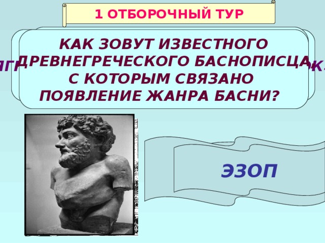 1 ОТБОРОЧНЫЙ ТУР КАКИЕ АНТОНИМЫ  ИСПОЛЬЗУЕТ И.А.КРЫЛОВ В ПЕРВОЙ СТРОКЕ БАСНИ «ВОЛК И ЯГНЁНОК»?   В КАКОЕ ВРЕМЯ СУТОК  ЯГНЁНОК ИЗ БАСНИ «ВОЛК И ЯГНЁНОК» «ЗАШЁЛ К РУЧЬЮ НАПИТЬСЯ»?   КАК ЗОВУТ ИЗВЕСТНОГО  ДРЕВНЕГРЕЧЕСКОГО БАСНОПИСЦА, С КОТОРЫМ СВЯЗАНО ПОЯВЛЕНИЕ ЖАНРА БАСНИ?    СИЛЬНЫЙ  БЕССИЛЬНЫЙ ДНЁМ ЭЗОП 