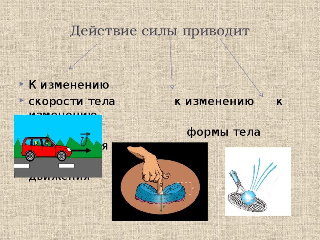 Действие силы вызывает. Действия сила приводят к. Изменение формы тела физика. Действия силы изменение скорости. Изменение формы тела примеры.