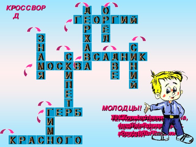 КРОССВОРД МОЛОДЦЫ! 11. Торжественная песня – символ государства. 9. Столица  нашей Родины. 10. Главный символ (эмблема) любого государства. 2. Птица, изображенная  на гербе России. Золотой шар  с крестом на верху. 7. Как называют воина, сражающегося  на коне? 3. Имя воина, изображенного  на гербе России. 5. Какой цвет имеет средняя полоса  на флаге России? 6. Жезл,  символ власти. 4. Как иначе называется флаг? 8. Сколько голов  у орла на гербе России? 12. Какого цвета щит на гербе России? 