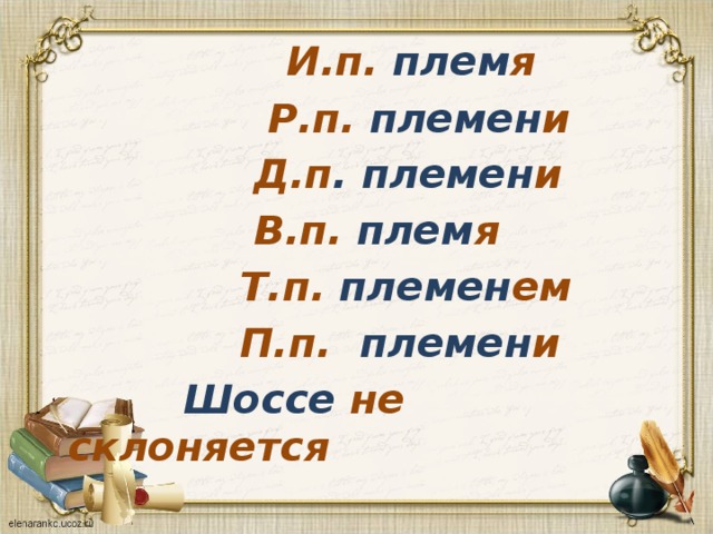  И.п. плем я  Р.п. племен и  Д.п . племен и  В.п. плем я  Т.п. племен ем  П.п. племен и  Шоссе не склоняется  