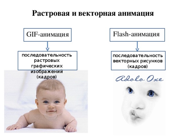 Растровая и векторная анимация Flash-анимация GIF-анимация последовательность растровых графических изображений (кадров) последовательность векторных рисунков (кадров) 