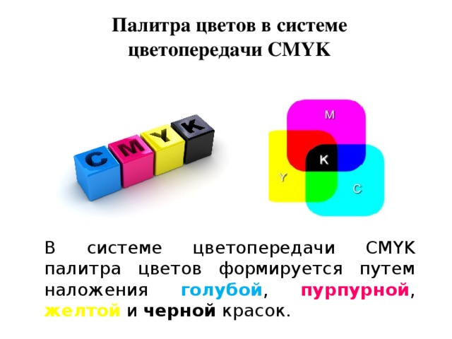 Палитра цветов в системе цветопередачи CMYK В системе цветопередачи CMYK палитра цветов формируется путем наложения голубой , пурпурной , желтой и черной  красок . 