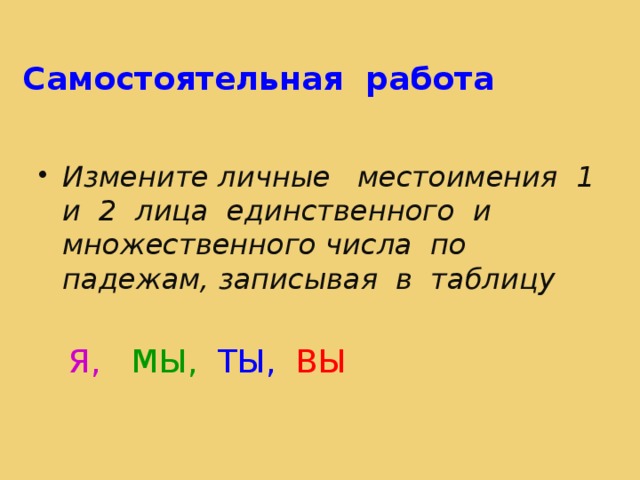 Самостоятельная работа Измените личные местоимения 1 и 2 лица единственного и множественного числа по падежам, записывая в таблицу Я, МЫ, ТЫ, ВЫ