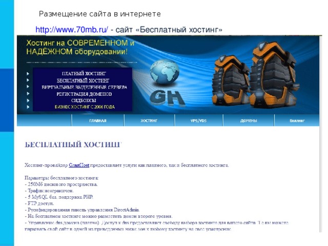 Размещение сайта в интернете http://www.70mb.ru/ - сайт «Бесплатный хостинг» 
