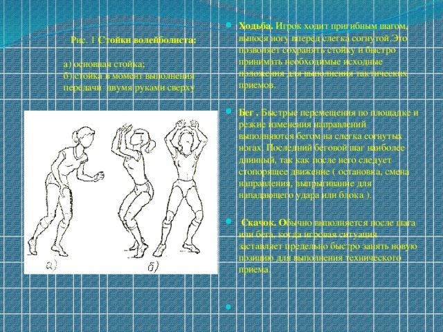 Ходьба. Игрок ходит пригибным шагом, вынося ногу вперед слегка согнутой.Это позволяет сохранять стойку и быстро принимать необходимые исходные положения для выполнения тактических приемов. Бег . Быстрые перемещения по площадке и резкие изменения направлений выполняются бегом на слегка согнутых ногах. Последний беговой шаг наиболее длинный, так как после него следует стопорящее движение ( остановка, смена направления, выпрыгивание для нападающего удара или блока ).  Скачок. О бычно выполняется после шага или бега, когда игровая ситуация заставляет предельно быстро занять новую позицию для выполнения технического приема.  Рис. 1 Стойки волейболиста:   а) основная стойка;  б) стойка в момент выполнения  передачи двумя руками сверху 