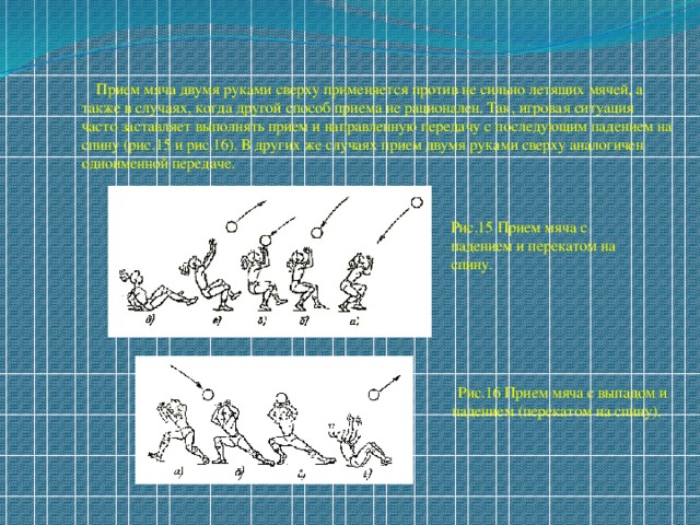  Прием мяча двумя руками сверху применяется против не сильно летящих мячей, а также в случаях, когда другой способ приема не рационален. Так, игровая ситуация часто заставляет выполнять прием и направленную передачу с последующим падением на спину (рис.15 и рис.16). В других же случаях прием двумя руками сверху аналогичен одноименной передаче. Рис.15 Прием мяча с падением и перекатом на спину.  Рис.16 Прием мяча с выпадом и падением (перекатом на спину). 