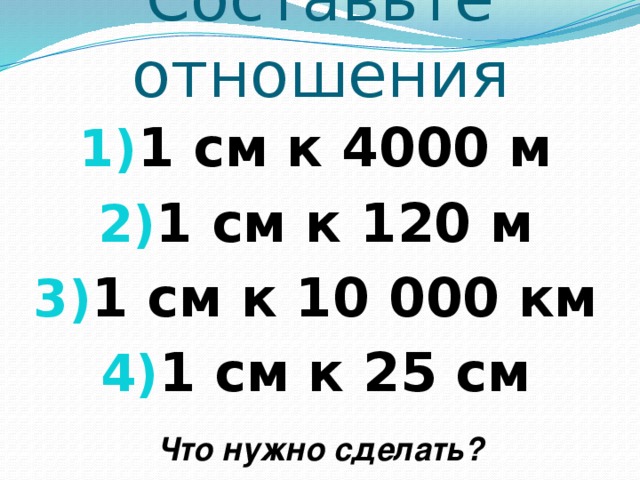 Составьте отношения 1 см к 4000 м 1 см к 120 м 1 см к 10 000 км 1 см к 25 см  Что нужно сделать? 