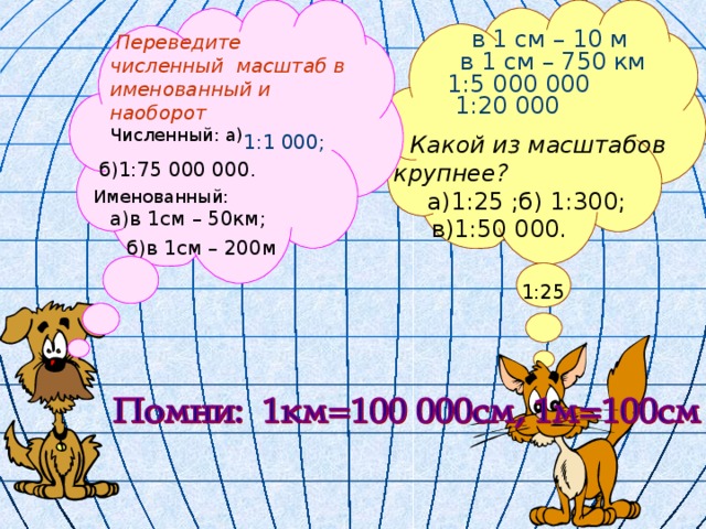 в 1 см – 10 м  Переведите численный масштаб в именованный и наоборот Численный:  а) в 1 см – 750 км 1:5 000 000 1:20 000    1:1 000;  Какой из масштабов крупнее?  а)1:25 ;б) 1:300;  в)1:50 000. б)1:75 000 000. Именованный:  а)в 1см – 50км;  б)в 1см – 200м     1:25 Вопрос классу  