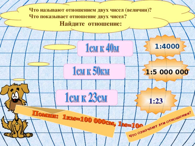 Что называют отношением двух чисел (величин)? Что показывает отношение двух чисел? Найдите отношение: Что означают эти отношения ? 1:4000 1:5 000 000  1:23 Работа в тетрадях. Фронтальная проверка. 7 