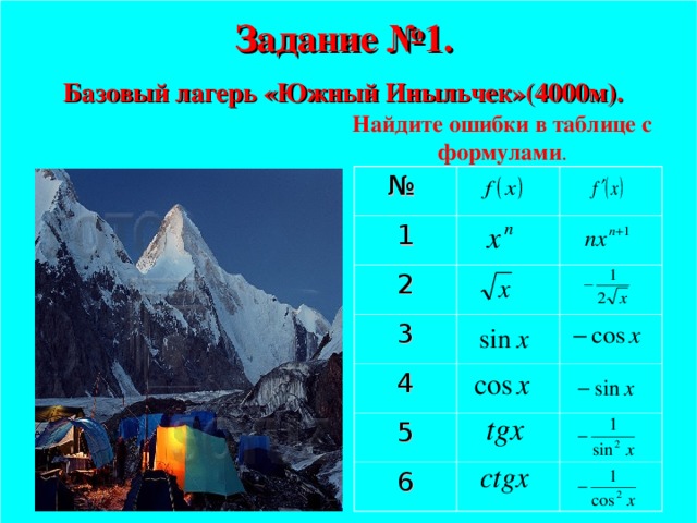 Задание №1.  Базовый лагерь «Южный Иныльчек»(4000м).  Найдите ошибки в таблице с формулами . № 1 2 3 4 5 6 