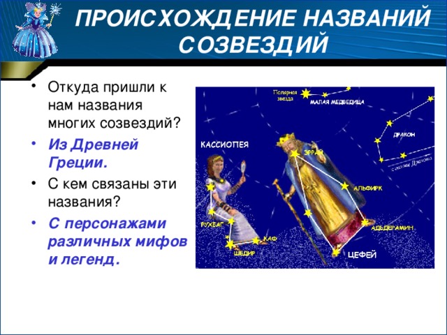 ПРОИСХОЖДЕНИЕ НАЗВАНИЙ СОЗВЕЗДИЙ Откуда пришли к нам названия многих созвездий? Из Древней Греции. С кем связаны эти названия? С персонажами различных мифов и легенд. 